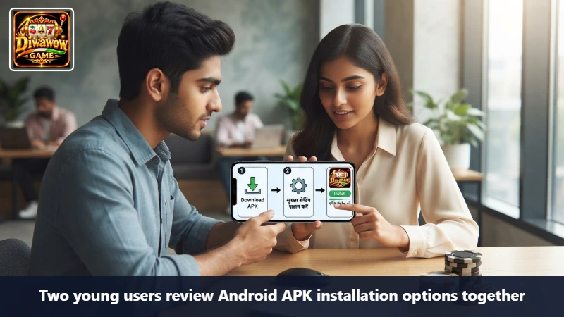 Two young users review Android APK installation options together