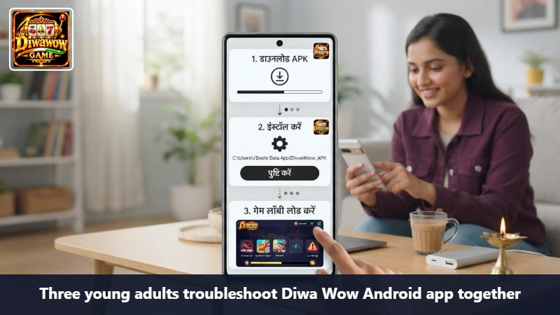 Three young adults troubleshoot Diwa Wow Android app together