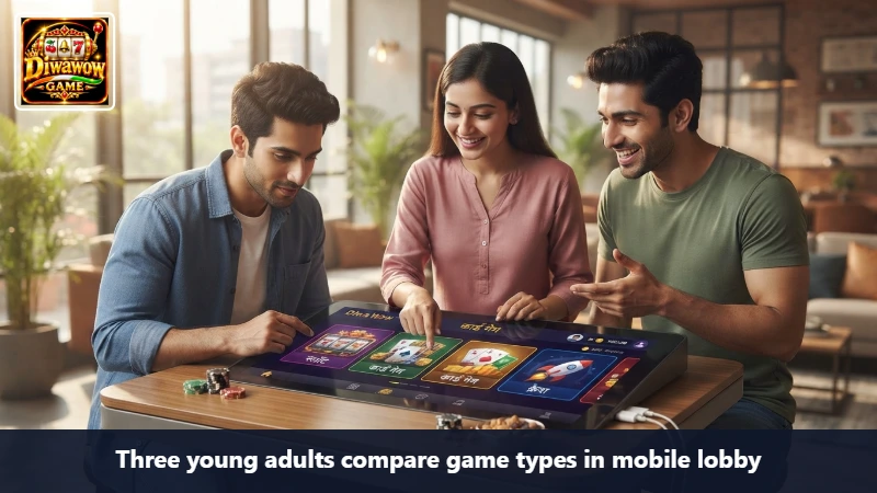 Three young adults compare game types in mobile lobby